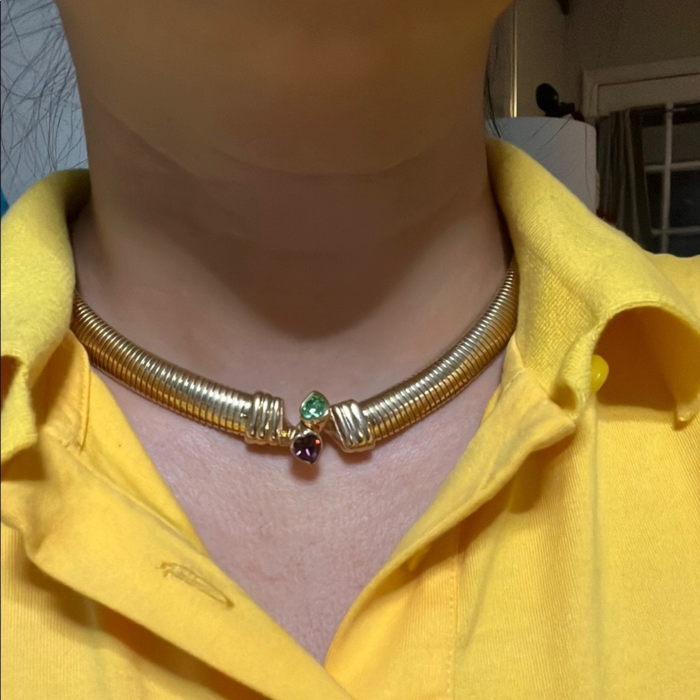 Amythest and peridot Elegant omega High 14kt yellowNecklace with Timeless Design - Picture 2 of 4